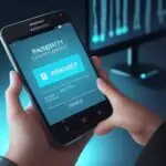 A close-up of a thumb pressing a smartphone screen displaying a "Passkey Verified" checkmark icon against a background of glowing blue digital data.