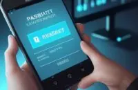 A close-up of a thumb pressing a smartphone screen displaying a "Passkey Verified" checkmark icon against a background of glowing blue digital data.
