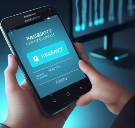A close-up of a thumb pressing a smartphone screen displaying a "Passkey Verified" checkmark icon against a background of glowing blue digital data.