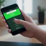 A close-up of a hand holding a smartphone displaying a minimalist security verification screen with an "Enter Code" button and a green checkmark.