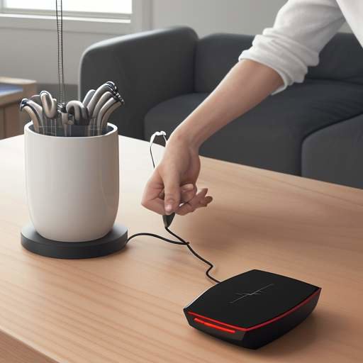 A technician's hands adjusting the antennas on a sleek, metallic router on a wooden table in a minimalist living room.