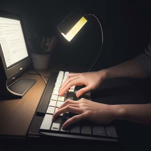 A close-up of hands typing on a backlit mechanical keyboard in a dimly lit room, highlighting the glowing keys.
