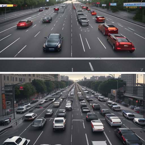 A split-screen comparison showing a crowded city street (labeled 2.4GHz/5GHz) versus an open, empty highway (labeled 6GHz) to illustrate the difference in signal congestion and clarity.