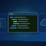 Illustration with a terminal window, a code editor and a cloud