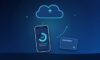 Phone showing a completed backup, with arrows to a cloud and to an external drive