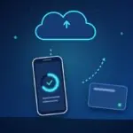 Phone showing a completed backup, with arrows to a cloud and to an external drive