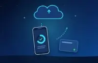 Phone showing a completed backup, with arrows to a cloud and to an external drive
