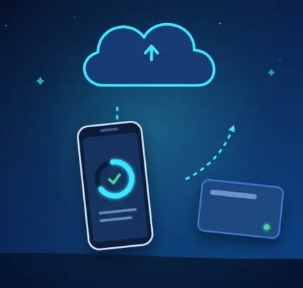 Phone showing a completed backup, with arrows to a cloud and to an external drive