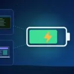 Illustration with a charging battery, a terminal window and a laptop