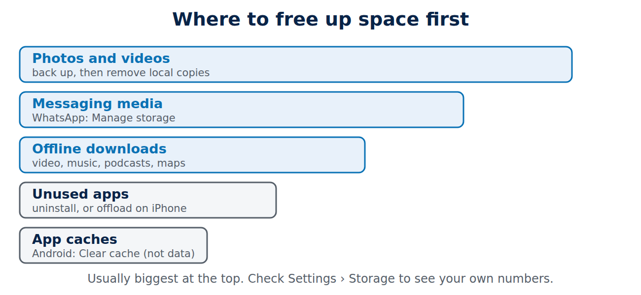Bars ranking where to free up phone storage first: photos and videos, messaging media, offline downloads, unused apps and app caches.