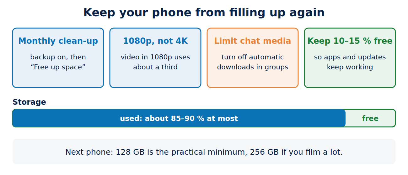 Four habits to keep phone storage free: a monthly clean-up, 1080p instead of 4K video, fewer automatic chat downloads and keeping 10 to 15 percent of the storage free.