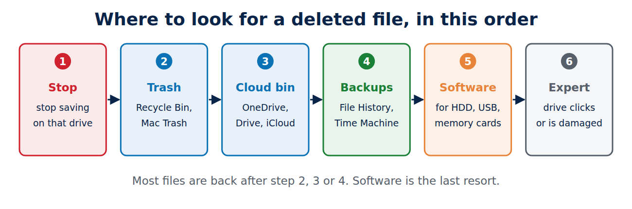 Six steps to find a deleted file: stop using the drive, check the trash, the cloud recycle bin, backups, then recovery software, and finally a professional.