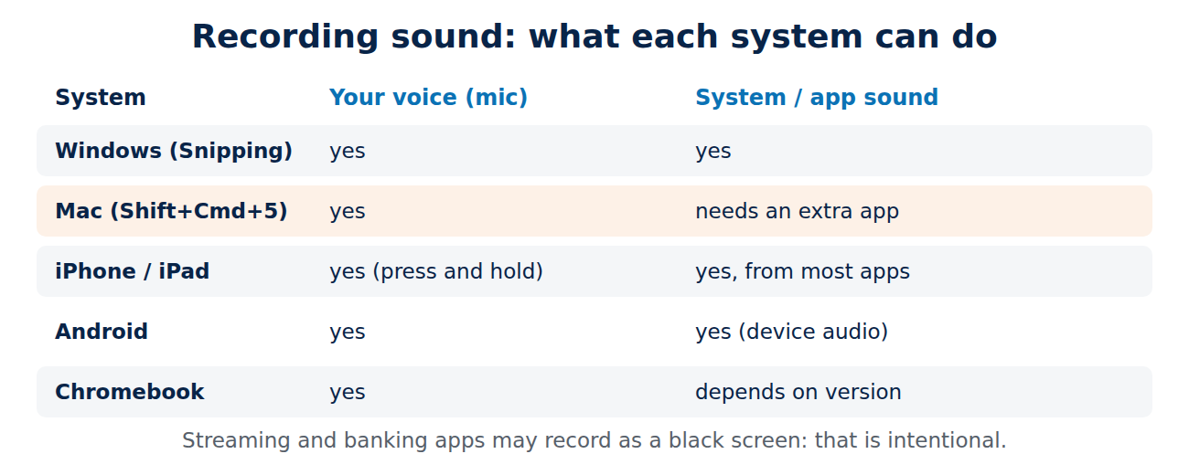 Table of which built-in recorders capture your microphone and system sound on Windows, Mac, iPhone, Android and Chromebook.