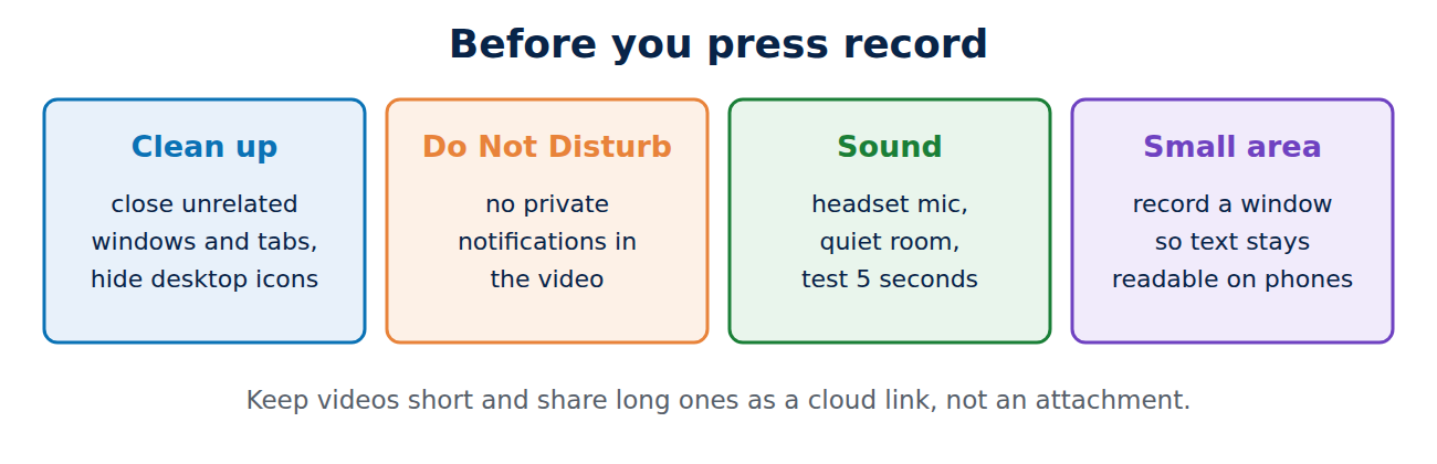 Four things to do before recording: clean up the screen, turn on Do Not Disturb, check the sound, record a small area.
