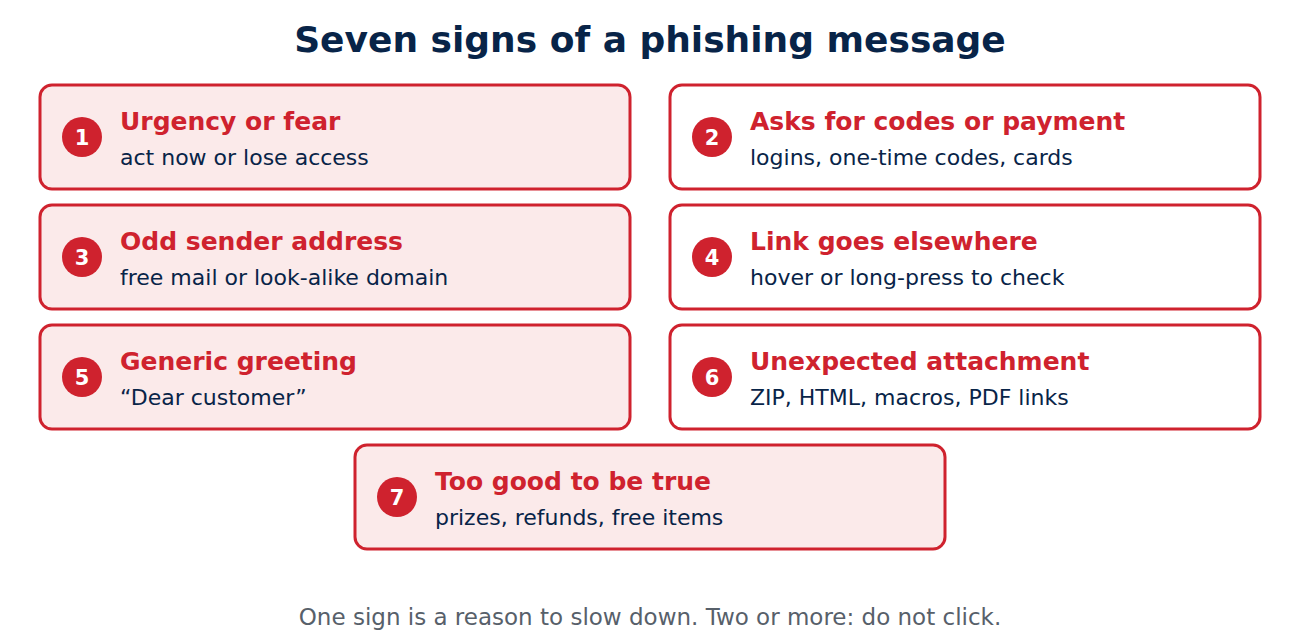 Seven warning signs of phishing: urgency, requests for codes or payment, odd sender address, misleading link, generic greeting, unexpected attachment, too good to be true.