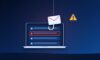 E-mail on a fishing hook dangling over a laptop inbox with one suspicious message, and a warning sign