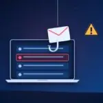 E-mail on a fishing hook dangling over a laptop inbox with one suspicious message, and a warning sign