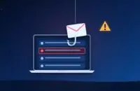 E-mail on a fishing hook dangling over a laptop inbox with one suspicious message, and a warning sign