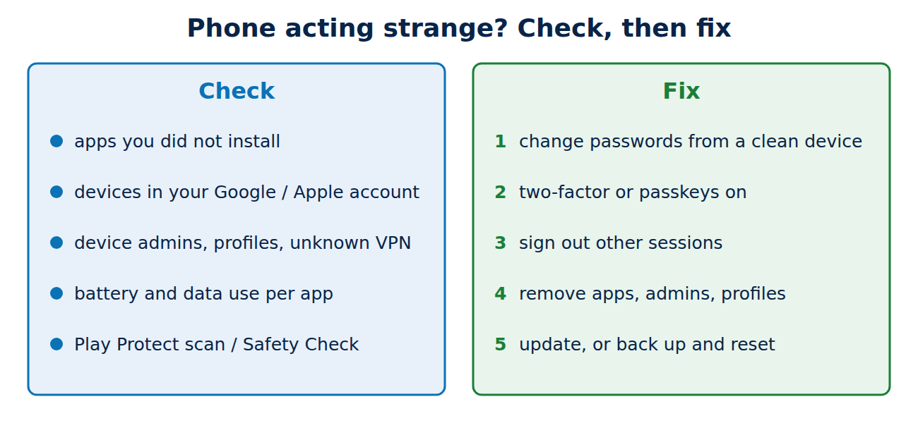 Two columns: what to check on a suspicious phone (unknown apps, account devices, device admins and profiles, battery and data use, Play Protect or Safety Check) and five steps to fix it.