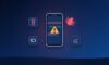 Glitching phone with a warning sign, a bug and icons for battery drain, data use and unknown apps