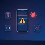 Glitching phone with a warning sign, a bug and icons for battery drain, data use and unknown apps