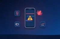 Glitching phone with a warning sign, a bug and icons for battery drain, data use and unknown apps
