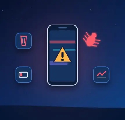 Glitching phone with a warning sign, a bug and icons for battery drain, data use and unknown apps