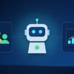 Illustration with an AI robot, a group of people and a rising chart