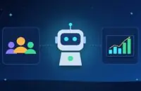 Illustration with an AI robot, a group of people and a rising chart