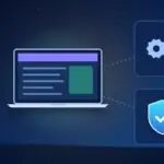 Illustration with a laptop, gears and a security shield