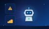 Illustration with an AI robot, a warning sign and stacks of coins