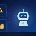Illustration with an AI robot, a warning sign and stacks of coins