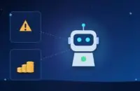 Illustration with an AI robot, a warning sign and stacks of coins