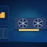 Illustration with a graphics card, stacks of coins and data center server racks