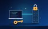 Illustration: a laptop terminal running ssh-keygen, a private key and a server protected by a padlock over a secure connection