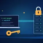 Illustration: a laptop terminal running ssh-keygen, a private key and a server protected by a padlock over a secure connection