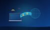 Laptop on public Wi-Fi sending data through an encrypted tunnel with padlocks to a globe