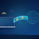 Laptop on public Wi-Fi sending data through an encrypted tunnel with padlocks to a globe