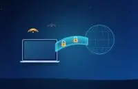 Laptop on public Wi-Fi sending data through an encrypted tunnel with padlocks to a globe