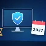 Monitor with a security shield, a calendar showing 2027 and an hourglass
