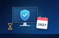 Monitor with a security shield, a calendar showing 2027 and an hourglass