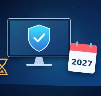 Monitor with a security shield, a calendar showing 2027 and an hourglass