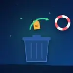 File rising out of a trash can with a green restore arrow and a life ring