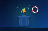 File rising out of a trash can with a green restore arrow and a life ring