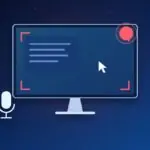 Monitor with a red recording frame and record dot, a mouse pointer and a microphone